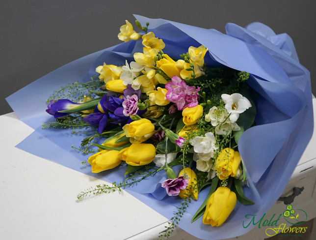 Spring Bouquet with Tulips, Freesias, and Irises photo